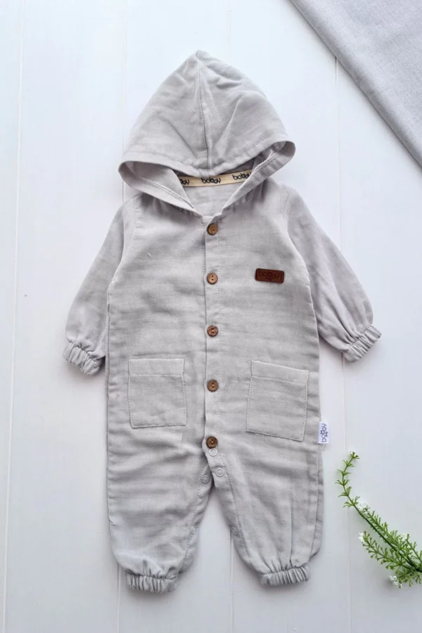 Müslin Kumaş Çift Cepli % 100 Pamuklu Erkek Bebek Tulumu