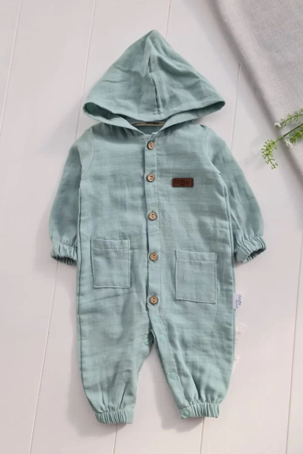Müslin Kumaş Çift Cepli % 100 Pamuklu Erkek Bebek Tulumu