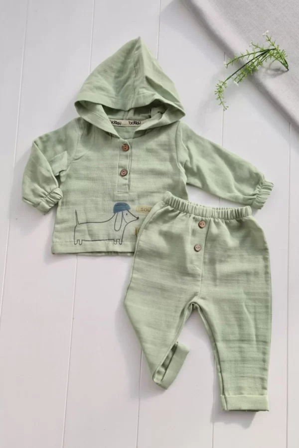 Müslin Kumaş Long Dog Desenli Pamuklu Erkek Bebek Takımı