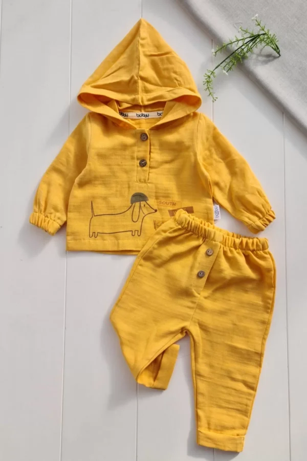 Müslin Kumaş Long Dog Desenli Pamuklu Erkek Bebek Takımı