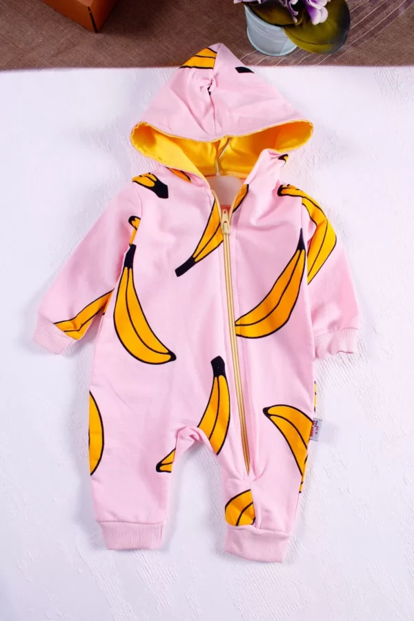 Muz Desenli Kapüşonlu Kız Bebek Tulumu