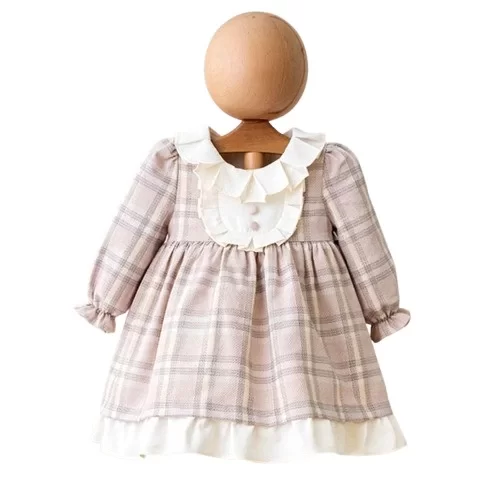 Pembe Simli Ekose Elbise  Pembe