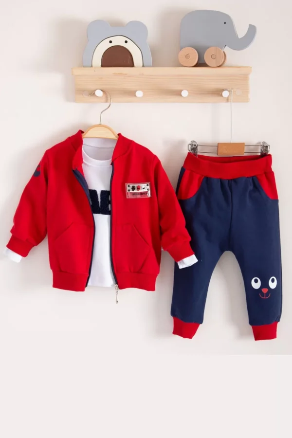 New Fashıon Hırkalı 3'lü % 100 Pamuk Erkek Bebek Takımı