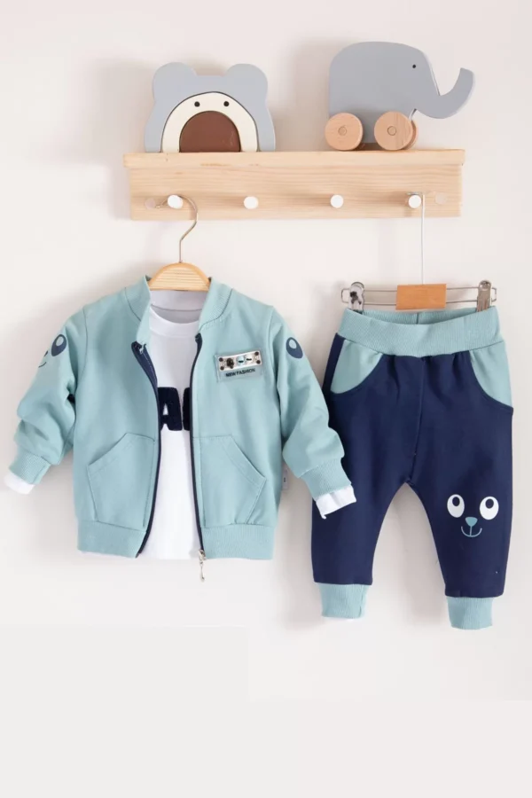 New Fashıon Hırkalı 3'lü % 100 Pamuk Erkek Bebek Takımı