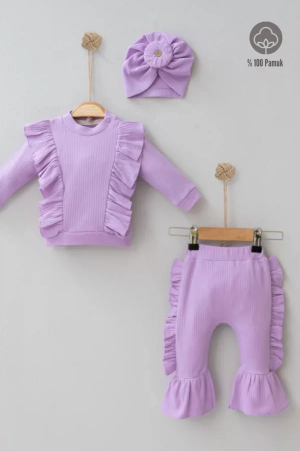Omuzdan Fırfır Detaylı Boneli 3'lü % 100 Pamuklu Kız Bebek Takımı