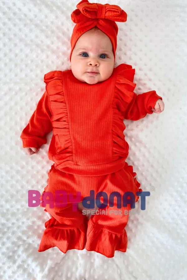 Omuzdan Fırfır Detaylı Boneli 3'lü % 100 Pamuklu Kız Bebek Takımı