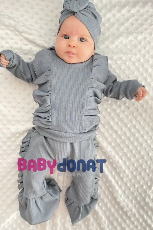 Omuzdan Fırfır Detaylı Boneli 3'lü % 100 Pamuklu Kız Bebek Takımı