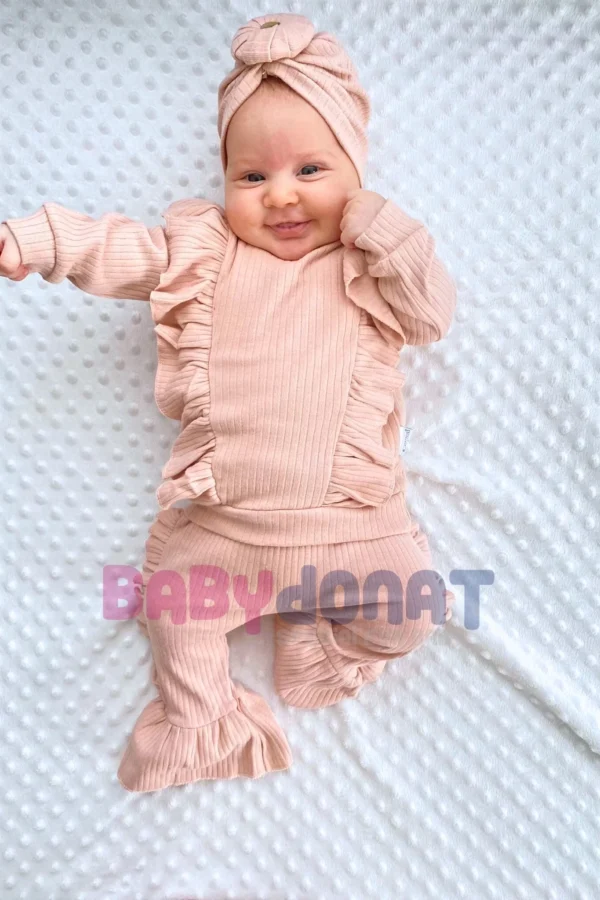 Omuzdan Fırfır Detaylı Boneli 3'lü % 100 Pamuklu Kız Bebek Takımı
