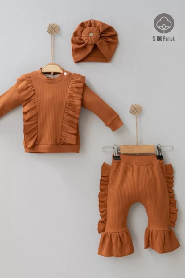 Omuzdan Fırfır Detaylı Boneli 3'lü % 100 Pamuklu Kız Bebek Takımı