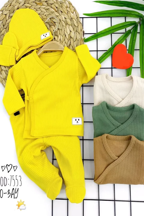 Organik Uzun Kollu 4 Parça Kız Erkek Bebek Hastane Çıkışı (1 Takım) Sarı