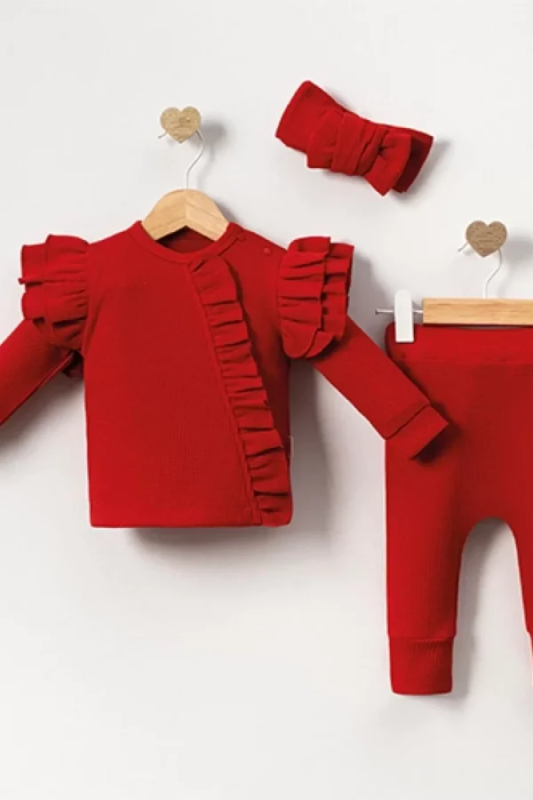 Orkide Desenli Fisto Detaylı 3 Parça Kız Bebek Takımı %100 Pamuk