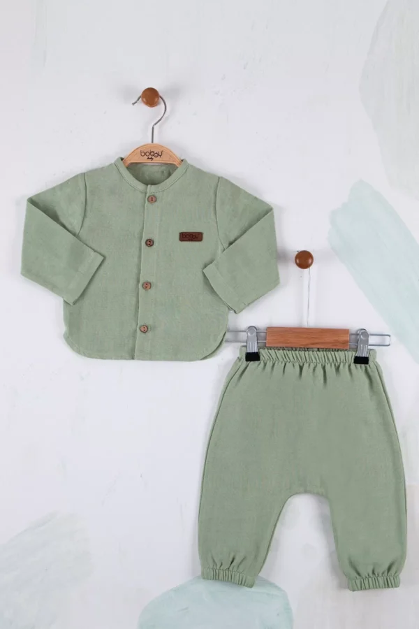 Oval Kesim 5 Düğmeli Müslin Kumaş 2'li Erkek Bebek Takımı