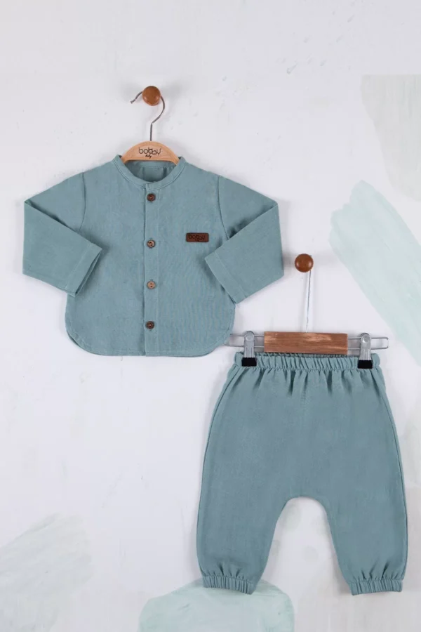 Oval Kesim 5 Düğmeli Müslin Kumaş 2'li Erkek Bebek Takımı