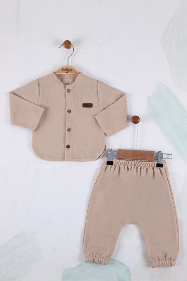 Oval Kesim 5 Düğmeli Müslin Kumaş 2'li Erkek Bebek Takımı