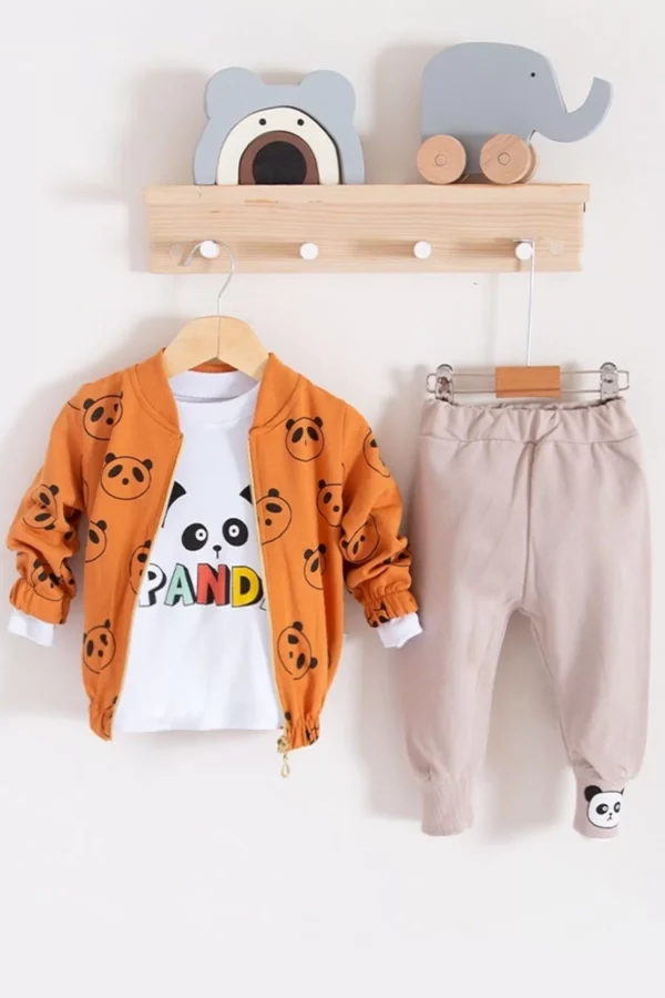 Panda Desenli Hırkalı 3'lü Erkek Bebek Takım