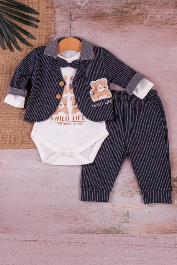 Papyonlu Smokin Model Ceketli 3'lü Erkek Bebek Takımı