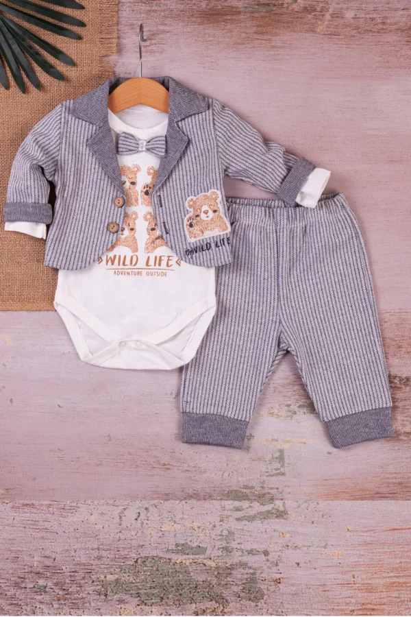 Papyonlu Smokin Model Ceketli 3'lü Erkek Bebek Takımı