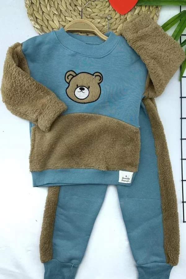 Parça Welsoftlu Ayı Nakışlı Uzun Kollu 2li Kız Erkek Çocuk Takımı Su Yeşili