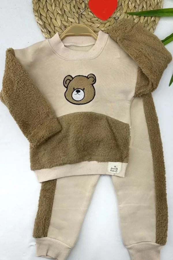 Parça Welsoftlu Ayı Nakışlı Uzun Kollu 2li Kız Erkek Çocuk Takımı Krem