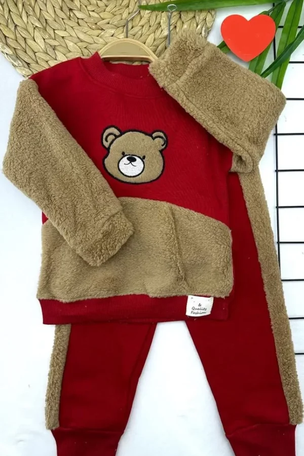 Parça Welsoftlu Ayı Nakışlı Uzun Kollu 2li Kız Erkek Çocuk Takımı Bordo