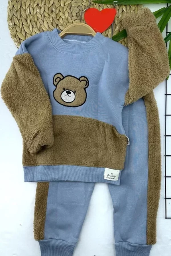 Parça Welsoftlu Ayı Nakışlı Uzun Kollu 2li Kız Erkek Çocuk Takımı Mavi