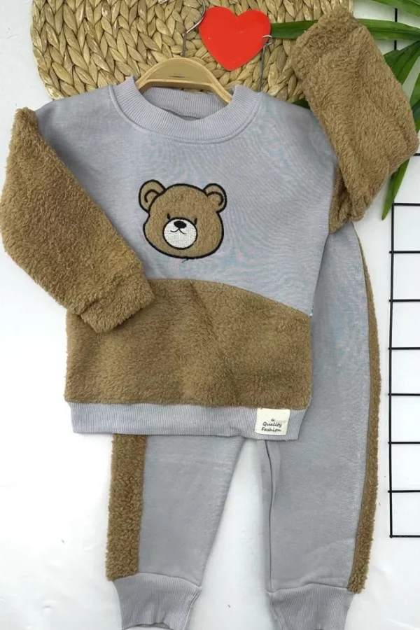 Parça Welsoftlu Ayı Nakışlı Uzun Kollu 2li Kız Erkek Çocuk Takımı Gri
