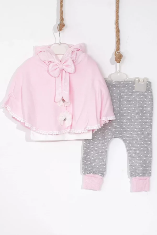 Pelerinli Kapişonlu Pamuklu 3'lü Kız Bebek Takımı
