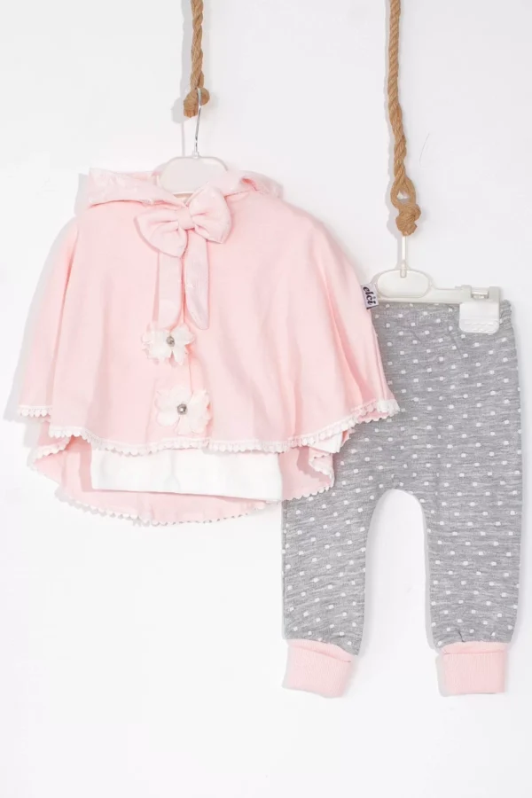 Pelerinli Kapişonlu Pamuklu 3'lü Kız Bebek Takımı