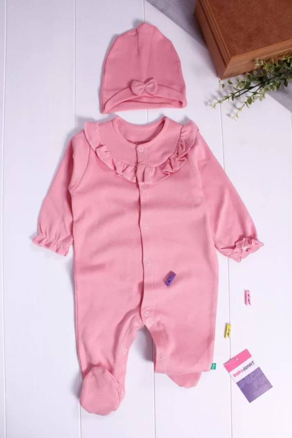 Robası Astarlı Fiyonk Şapkalı Kız Bebek Tulum