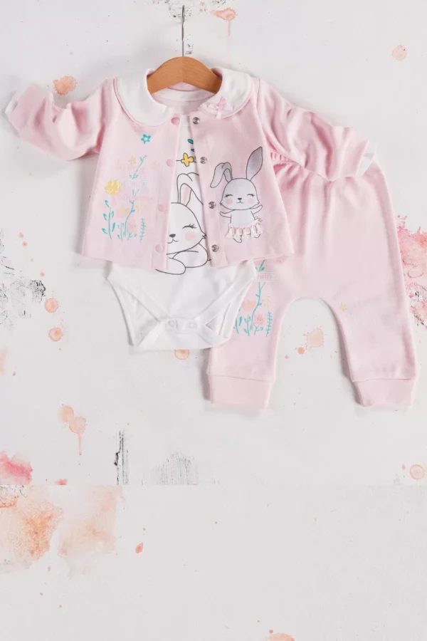 Tavşan Desenli Çiçekli 3'lü Hırkalı Kız Bebek Takım