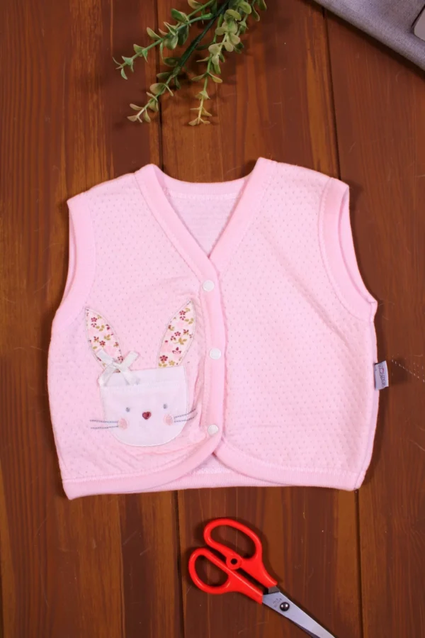 Tavşan Desenli Kapitone Nakışlı Kız Bebek Yeleği