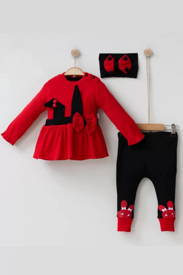 Tavşan Kulaklı Fiyonk Desenli Bandanalı Kız Bebek Takımı