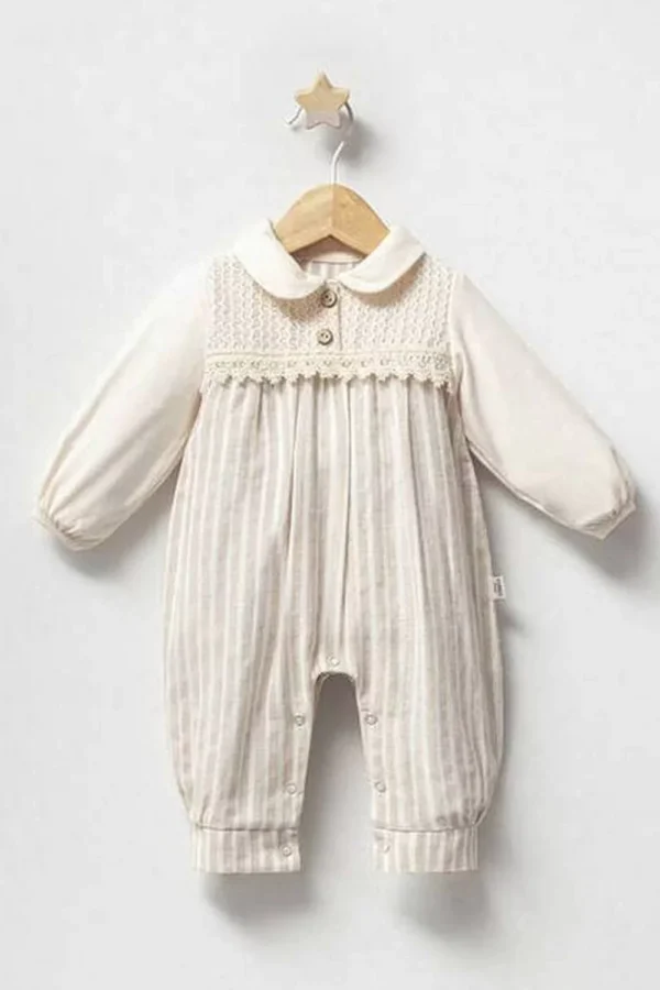 Baby Çizgili Keten Tulum  Bej