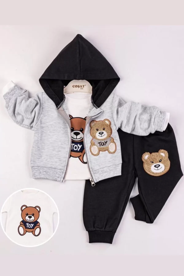 Toy Bear Nakışlı 3'lü Hırkalı Erkek Bebek Takımı