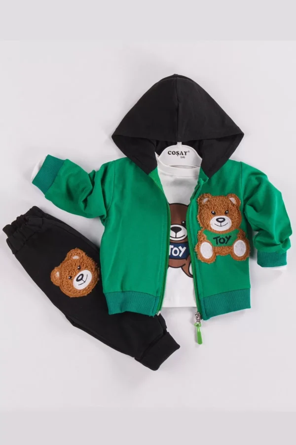 Toy Bear Nakışlı 3'lü Hırkalı Erkek Bebek Takımı