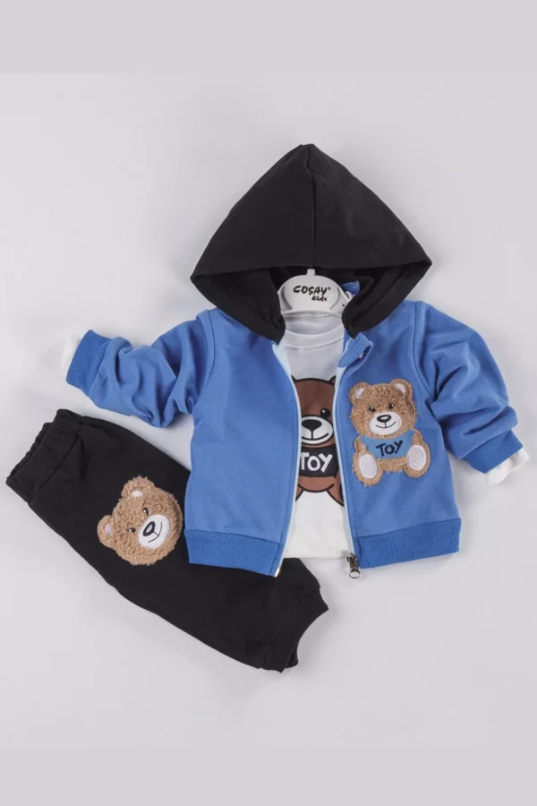 Toy Bear Nakışlı 3'lü Hırkalı Erkek Bebek Takımı