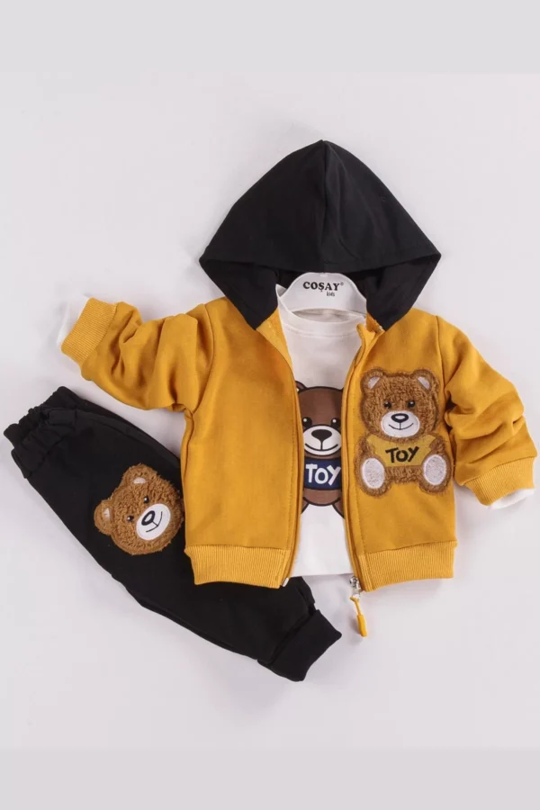 Toy Bear Nakışlı 3'lü Hırkalı Erkek Bebek Takımı