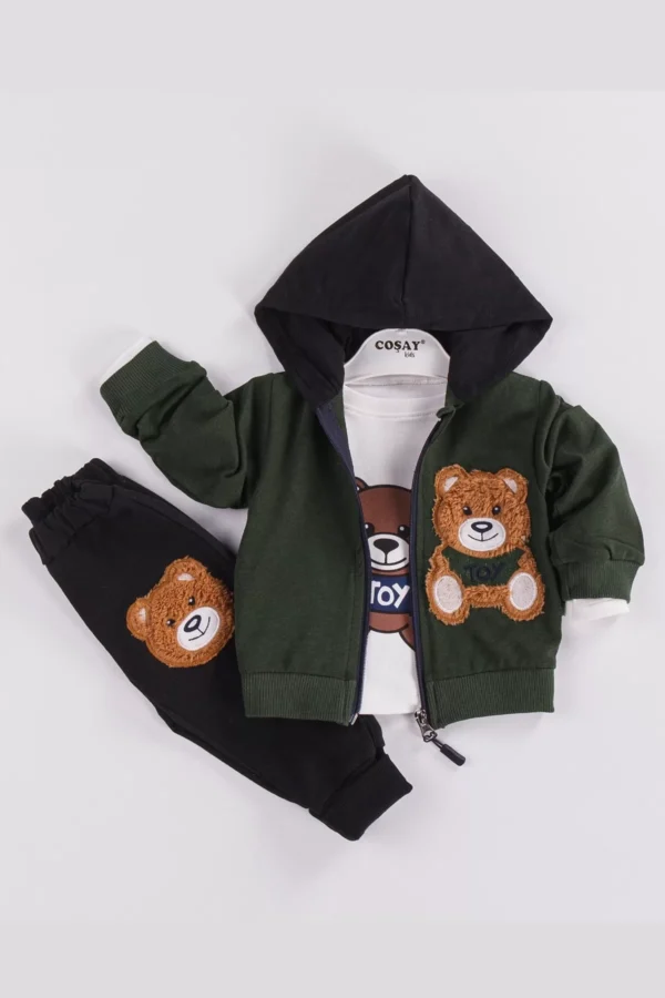 Toy Bear Nakışlı 3'lü Hırkalı Erkek Bebek Takımı