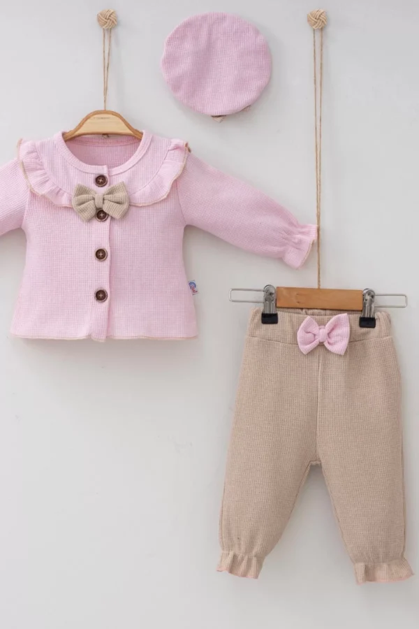 Yaka Fırfırlı Şapkalı 3'lü Kız Bebek Takımı