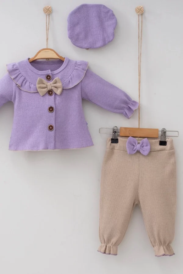 Yaka Fırfırlı Şapkalı 3'lü Kız Bebek Takımı