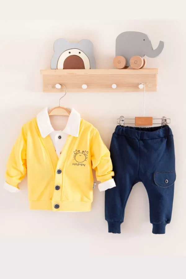 Yengeç Desenli Gömlek Yakalı 3'lü Erkek Bebek Takımı