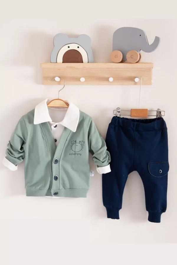 Yengeç Desenli Gömlek Yakalı 3'lü Erkek Bebek Takımı