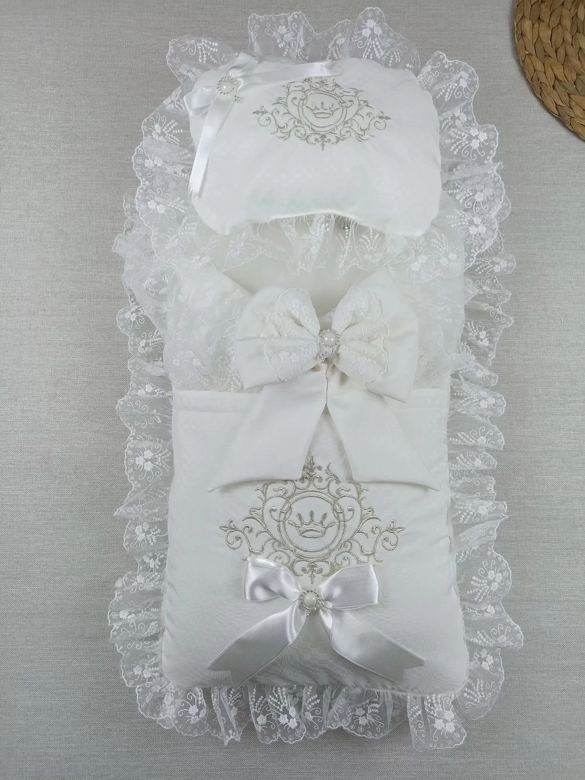 Yenidoğan Bambu Taç Nakışlı Kundaklı Trilüks 3lü Alt Açma Seti - Görsel 4