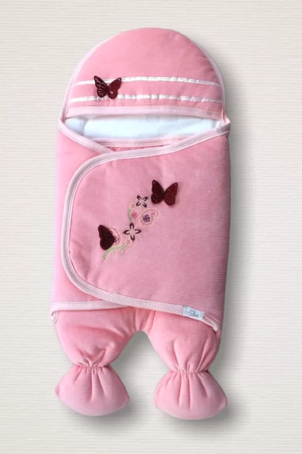 Yenidoğan Kadife Kumaş Kelebek Nakışlı Ayaklı Kundak Bebek Battaniyesi