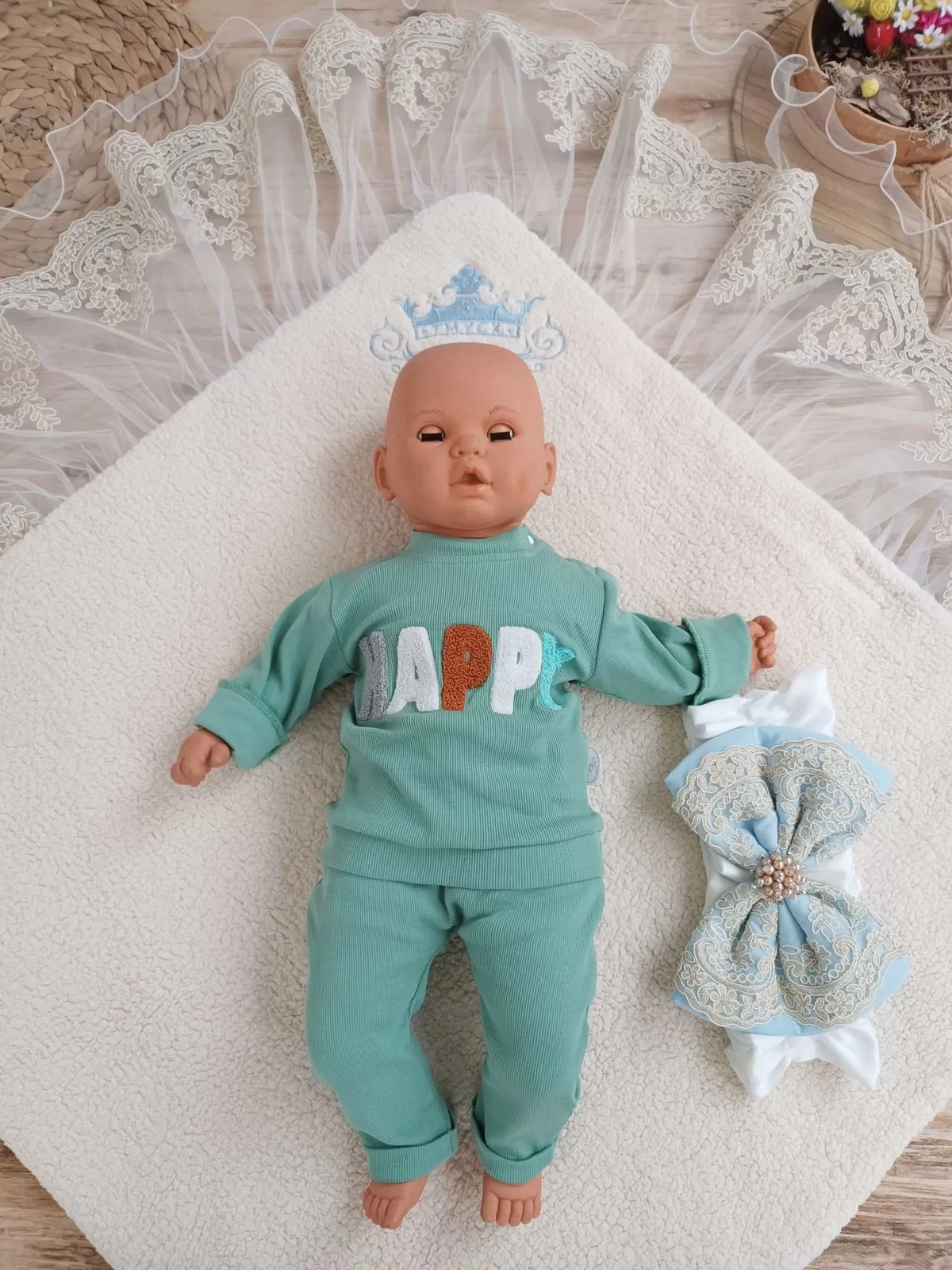 Yenidoğan Kuzulu Taç Nakış Güpürlü Fiyonklu Duvaklı Prizma Taş Unisex Kundak Bebek Battaniyesi - Görsel 3