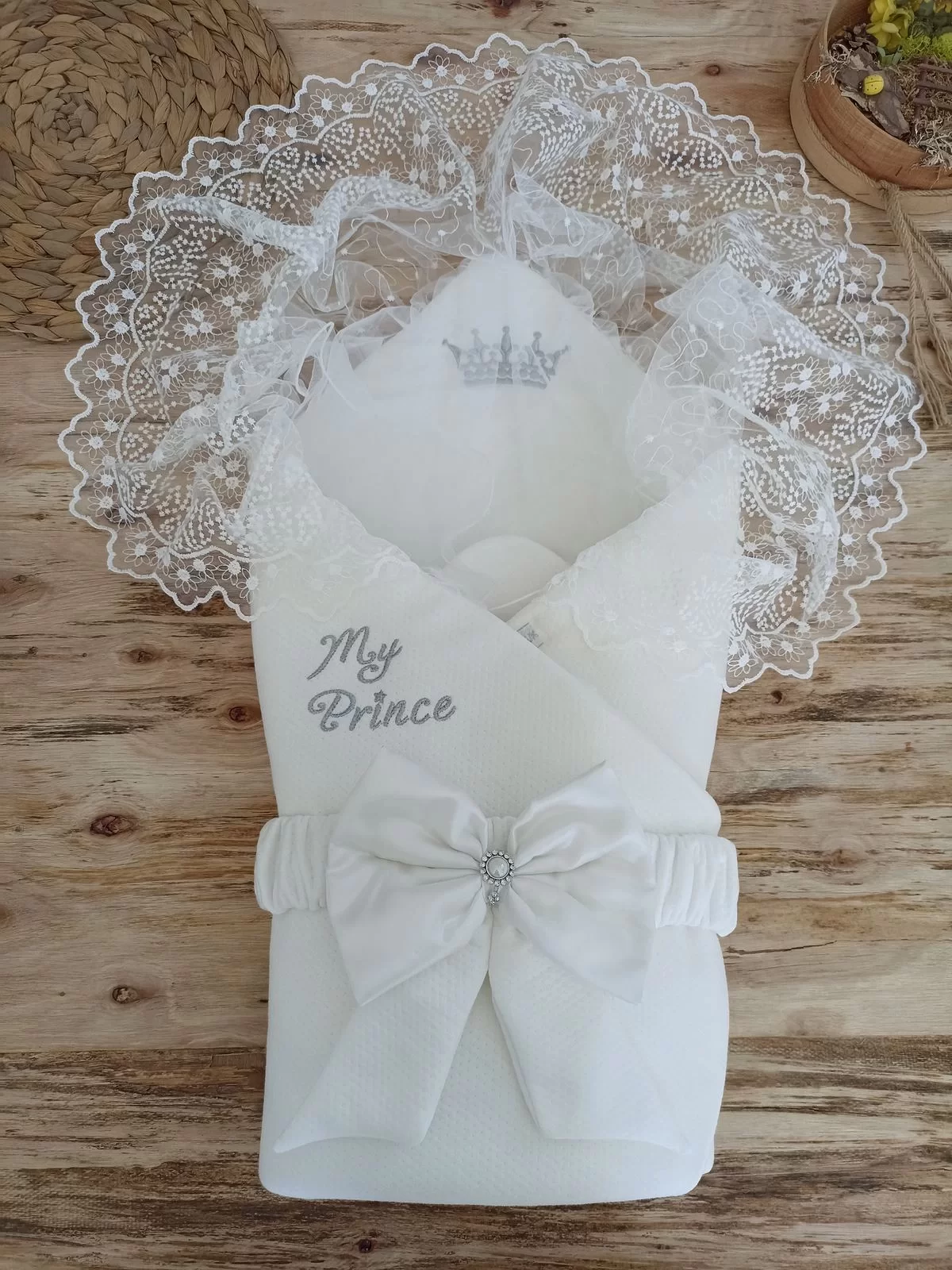 Yenidoğan Sahra Taç Benim Prensim Nakışlı Kundak Bebek Battaniyesi - Görsel 2