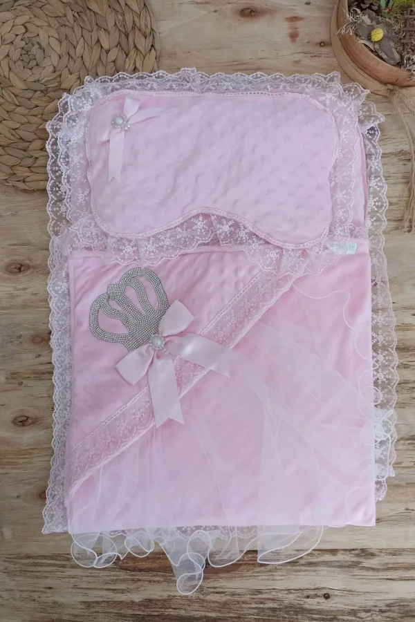 Yenidoğan Topitos Taşlı Taç Nakışlı İnci Fiyonk Dantelli 3lü Alt Açma Seti