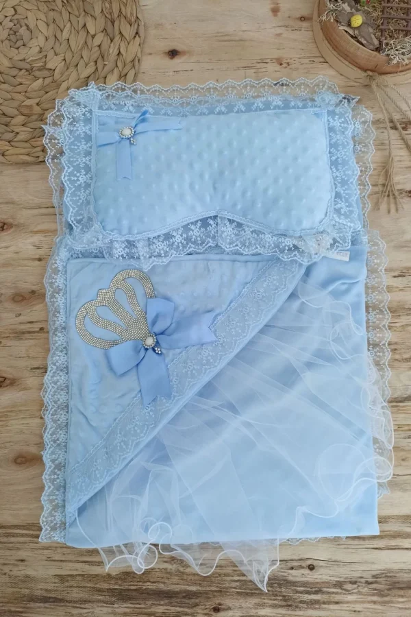 Yenidoğan Topitos Taşlı Taç Nakışlı İnci Fiyonk Dantelli 3lü Alt Açma Seti