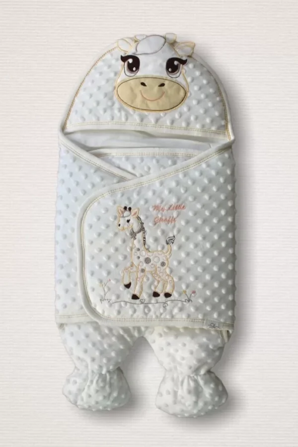 Yenidoğan Zürafa Nakışlı Şapkalı Kız Erkek Bebek Ayaklı Kundak Bebek Battaniyesi Sarı