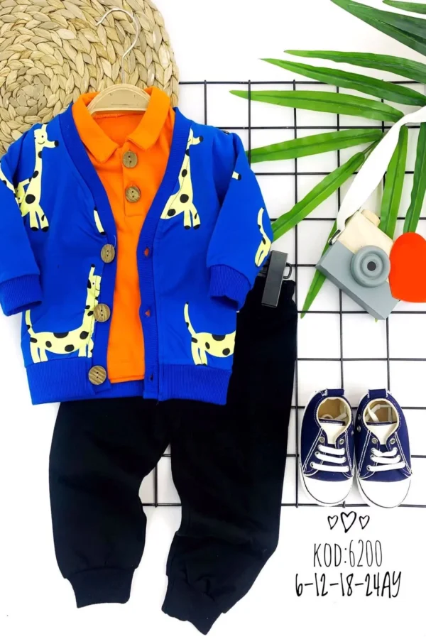 Zürafa Baskılı Yelek Uzun Kollu Sweat Pantolon 3 Lü Erkek Bebek Takımı Saks Mavisi